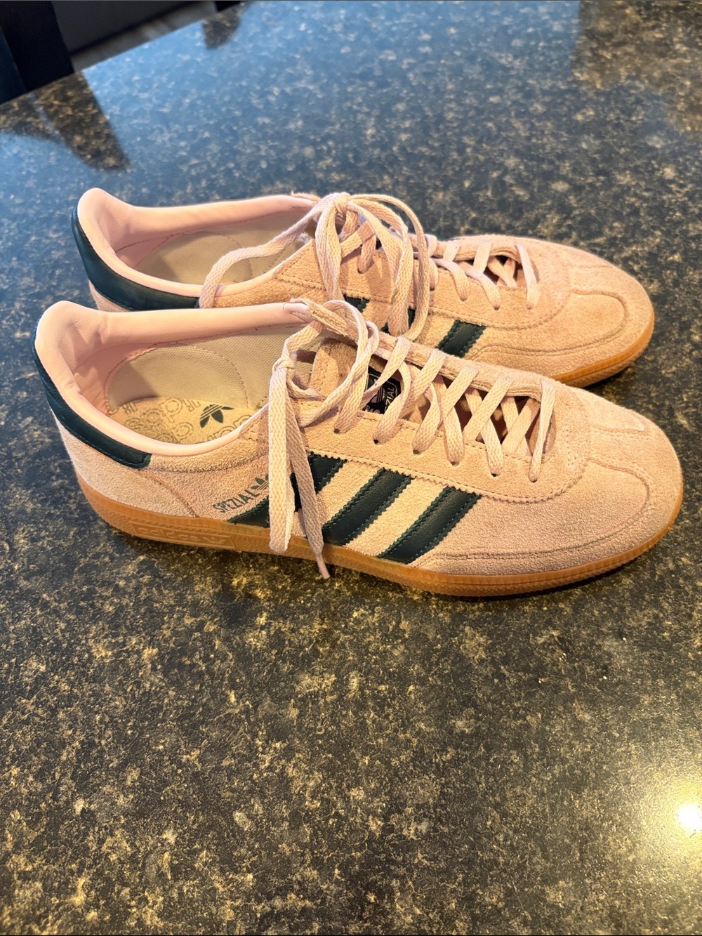 adidas Women’s Pink Suede Sneakers with Dark Green Stripes